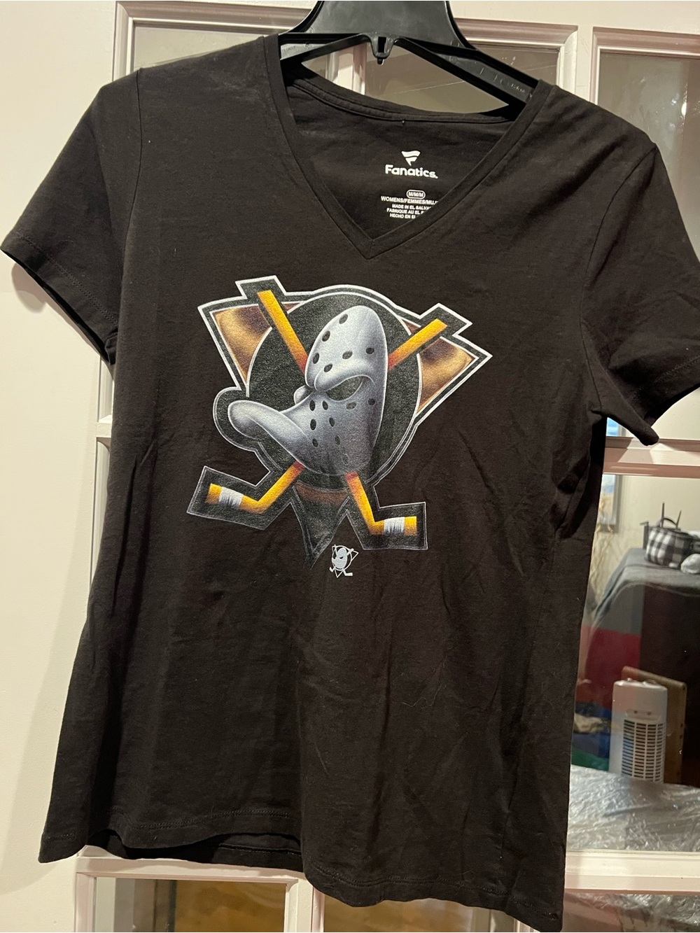 Fanatics Black V-Neck Tee with Hockey Mask and Yellow-Accented Sticks Graphic